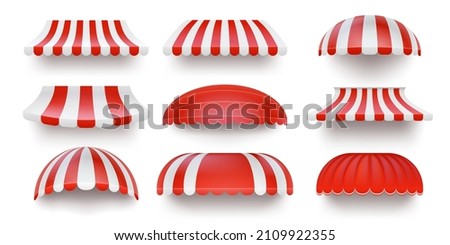 Realistic striped store sunshade awning, shop canopy. Red and white market umbrella. Front tent roof for shop showcase designs vector set. Cafe or restaurant exterior shade elements 商業照片 © 