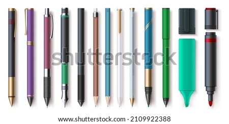 Realistic office writing supplies, pencils, pens and markers. Highlighter, graphite pencil with eraser. School stationery tools vector set. Ballpoint pen for education, assortment for drawing