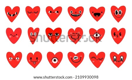 Cartoon red heart characters with funny faces emoticon. Valentine day symbol. Cute romantic hearts with eyes for logo or sticker vector set. Smiling facial expressions isolated on white