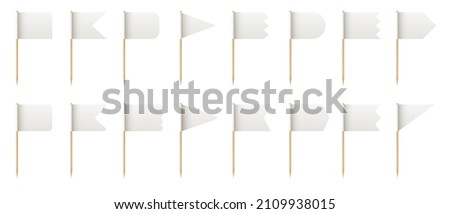 Wooden toothpick with white paper flag shapes for food. Realistic little tooth pick sticks for lunch decoration. 3d small flags vector set. Different forms of blank pennants isolated on white Stock foto © 