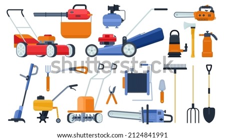 Flat garden instruments, equipment, lawn mowers and trimmer. Gardening electrics, chainsaw, cultivator, sprayer and brush cutter vector set of garden equipment and tools illustration