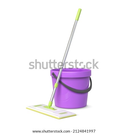 Realistic 3d rag mop and plastic bucket, floor cleaning equipment. Sponge broom and pail. House cleanup tools and wet floor vector concept. Items for household chores or housekeeping
