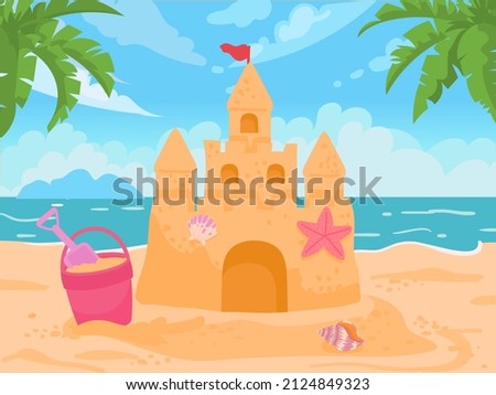 Cartoon sand castle, bucket and shovel at sea beach. Sand tower with seashells and flag. Children summer building activity vector concept. Sand castle on beach summer, tower house illustration