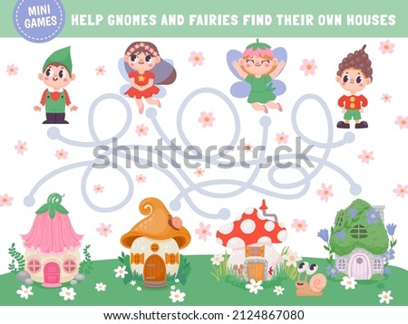 Fairytale game labyrinth, kids logic puzzle with cartoon characters. Maze for preschool children with fairy and gnome find house vector page. Illustration of fairytale game, maze and labyrinth