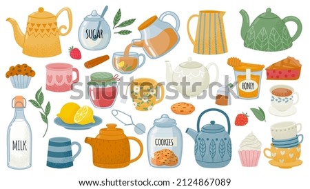 Cups with tea, mugs, desserts, sweets, pastry and ceramic teapots. Breakfast leaf drink. Kettle pouring hot beverage. Tea party vector set. Jar with cookies, plate with lemons and bottle with milk