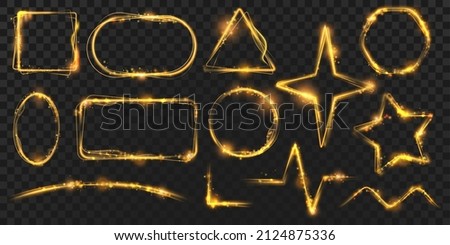 Glowing gold magic light frames, borders, corners and dividers. Golden star frame, rectangle and oval shining shapes with glitter vector set. Luxury sparkling elements of various forms
