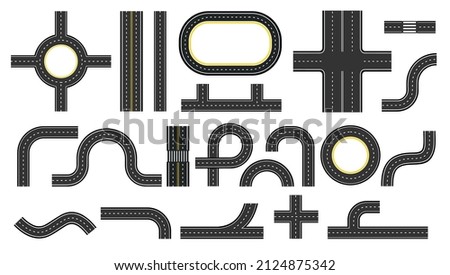 City road and highway top view, elements for map. Crossroads, motorway bend, twists and traffic circles. Street roads plan kit vector set. Road parts street traffic, plan elements illustration