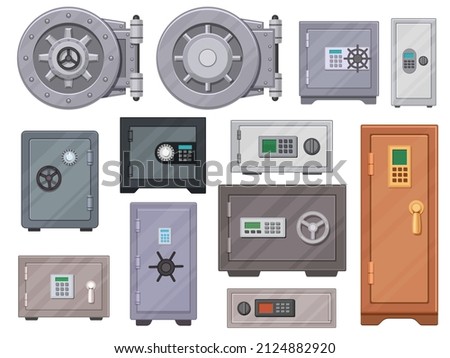 Cartoon metal safe boxes with code locks, bank vault door. Stationary modern safes and locker. Secure cash storage with password vector set. Illustration of safety lock and banking steel box