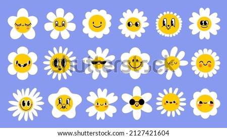 Daisy flowers with cartoon funny smiling faces, chamomile characters. Cute camomile happy emotion. Kids logo design with daisies vector set. Illustration of smile floral flower, bloom camomile