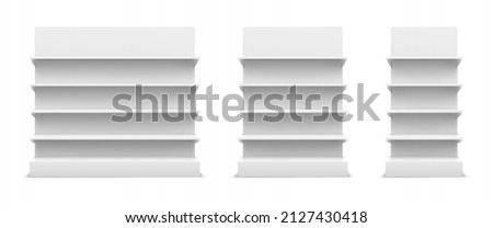 Realistic 3d white store shelf display mockup sizes. Trade stands for shops and supermarket. Empty magazine showcase front view vector set. Blank product advertising for bookshop or grocery store