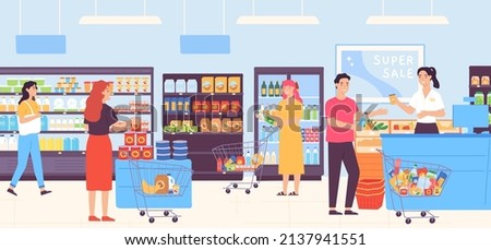 People in supermarket choosing food and putting in trolleys. Man and woman buying products in grocery store. Consumers walking among shelves with goods, purchasing at counter vector