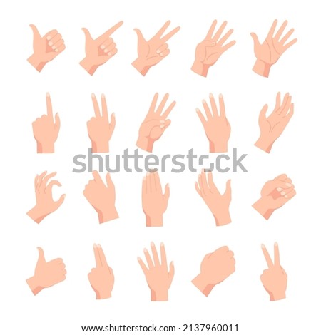 Cartoon human female or male hands poses and gestures. Hand holding, pointing, fist, peace and open palm expression. Arm position vector set. Body language symbols, counting numbers