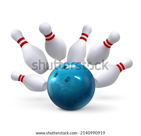 Realistic bowling ball strike hit falling pin skittles. Bowl game sport competition. 3d bowling play target, winning movement vector concept. Competing in tournament, leisure activity