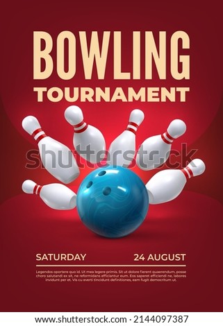 Bowling tournament. Realistic 3D sport tournament elements with skittles and bowling ball. Vector poster template. Bad hitting strike, competition announcement. Entertainment event