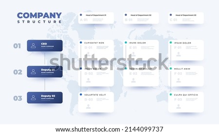 Business organization table. Company structure infographic template with corporate hierarchy elements. Vector illustration. CEO, head department, and deputy boxes with place for photo