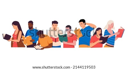 People group with books. Cartoon men and women holding and reading books, self-education concept. Young characters studying, preparing for exam. Book lovers reading modern literature
