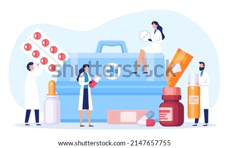 Tiny pharmacist with aid pills and tablet. Vector pharmacist with drug and tablet, pharmaceutical pill to aid illustration, medicine medicare