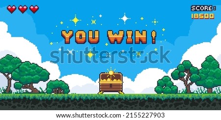 Pixel game win screen. Retro 8 bit video game interface with You Win text, computer game level up background. Vector pixel art illustration. Game screen pixel, retro video computer banner Stock fotó © 