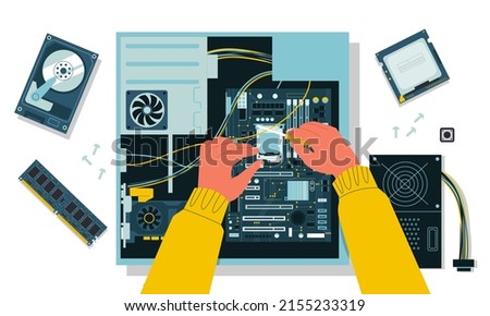 PC assembly. Personal computer components service and maintenance, gaming PC upgrade with SSD, CPU and GPU. Vector concept of hardware computer, technology electronic illustration