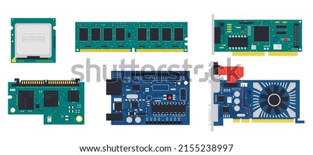 Electronic PCB. Electric circuit board with memory chip, conductor and semiconductor components. Vector microcontroller hardware set. Illustration of circuit engineering and microchip