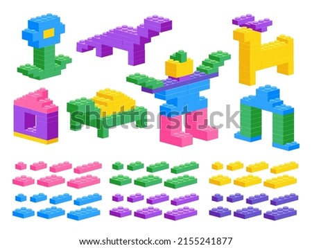Plastic construction toy. Cartoon building blocks puzzle game, preschool geometric brick toy. Vector kids game pieces isolated set. Illustration of game plastic toy block