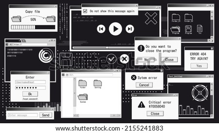 Retro futuristic system. Computer interface with web browser, file manager, pop-up error message. Vector old desktop PC interface elements. Illustration of interface old computer message