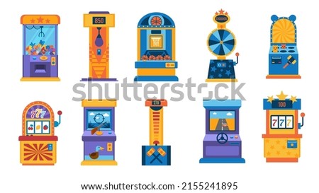 Retro game machine. Gaming computer, mini basketball, crane machine and retro gambling amusement device. Vector 90s retro machinery set. Illustration of machine game joystick, computer console