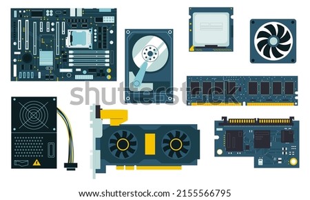 PC components. CPU GPU motherboard cooler, SSD and hand drawn memory modules, system unit and power supply. Vector personal computer parts isolated set. Illustration of chip hardware, ram and cpu