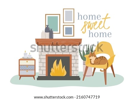 Scandic cozy interior, fireplace and cozy chair. Vector illustration of interior fireplace design room, furniture for apartment comfort relax