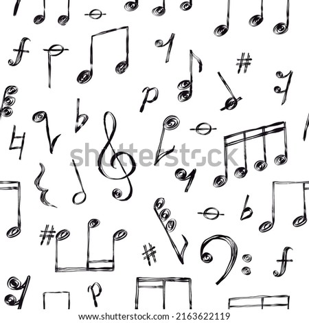 Doodle music notes, signs and clefs, melody seamless pattern. Hand drawn sketch song sound symbols wallpaper. Musical notation  print. Illustration of note music symbol seamless pattern Photo stock © 