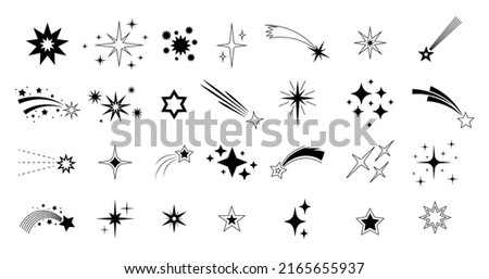 Falling meteor. Abstract silhouette of shooting star, flying meteorite with tail silhouette. Vector isolated comet shape set. Galaxy with celestial elements and sparkles, cosmic shine