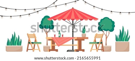 Restaurant patio. Summer outdoor cafe terrace with wooden table and chairs, cozy lounge cafeteria scene with plants and garland. Vector illustration. Outside furnishing for relaxation