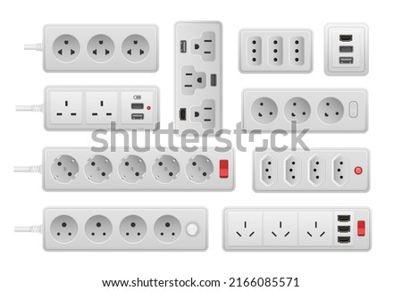 Power strip. Realistic electric wall socket extension, 3D AC current equipment with different ports connectors and cords. Vector set. Portable extension with ports for appliances isolated on white Stockfoto © 