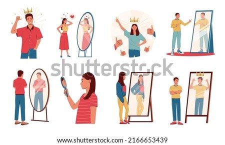 Self confident person. Cartoon men and women with positive mindset looking in mirrors proud of themselves, concept of self acceptance. Vector isolated set. Female and male characters with crowns