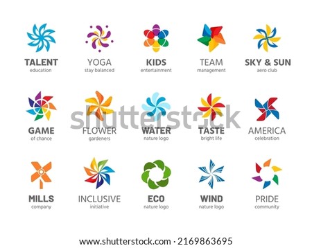 Pinwheel logo. Abstract rainbow color summer spinner symbol, wind propelled children summer toy isolated collection. Vector business logos for different companies as yoga studio, pride community
