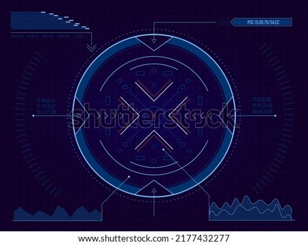 HUD target. Futuristic game interface framing for target focus, lock and aiming, sci-fi shooter game asset for collimator aim. Vector technology UI illustration. Tech frame game interface