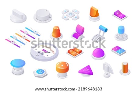 Isometric toggles. 3D switches, knobs, volume levels, sliders and switches for analog adjustment, control panel elements collection. Vector set of switch power 3d illustration