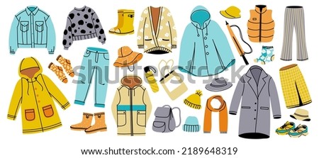 Autumn clothing. Doodle seasonal warm wearing and accessories, cozy sweater coat and pants, waterproof and rain boots. Vector fashion isolated set of warm wear autumn illustration