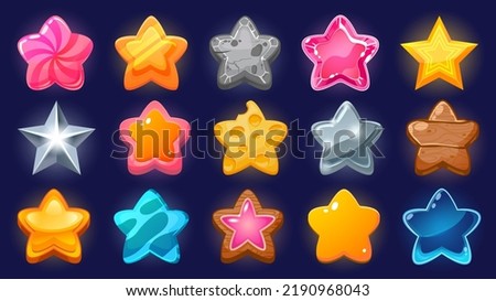 Cartoon game star. Level up and win bonus UI icon for mobile game and web application, colorful various stars of different shapes and colors. Vector award graphic set of bonus ui win icon