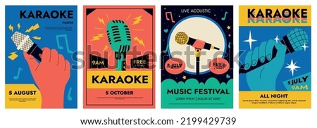 Microphone posters. Cartoon advertising wallpaper for standup open mic comedy, karaoke club, flyer banner design for broadcast music concert promotion. Vector illustration. Festival, vocal performance