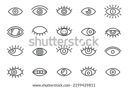 Outline eye icons. Simple thin line eyeball eyelashes signs, human eyesight health science medicine concept. Vector isolated collection. Open and closed eyes, different vision elements
