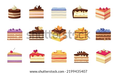 Cartoon piece of cake. Various colorful cake slices, cage and restaurant sweet dessert with cream glaze fruits and biscuits. Vector pastry pieces set. Orange, cherry, blueberry tastes