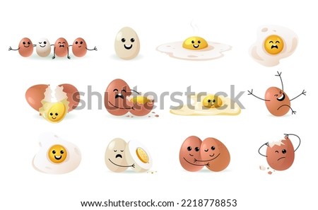 Cute egg faces. Cartoon funny doodle happy characters, easter egghead kawaii emoji flat comic emotion mascot kid stickers. Vector isolated set. Fried and boiled food. Cracked eggshell