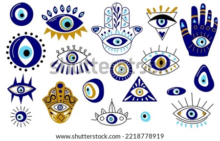 Turkish eye collection. Abstract cartoon blue evil eye Hamsa magic icons, fantasy esoteric talisman protection. Vector contemporary set. Spiritual and sacred items, religious amulets