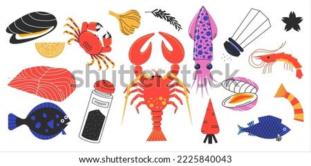 Abstract seafood. Fish shellfish product ingredients caviar salmon mussels shrimp codfish sprats cartoon style, healthy nutrition concept. Vector set. Crab, salmon with pepper and garlic