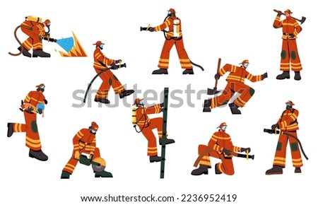 Firefighter characters. Cartoon fireman in uniform with rescue equipment, emergency worker with fire extinguisher hose bucket ax. Vector isolated set. Dangerous occupation, people putting out fire