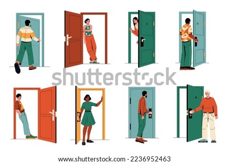 Person go out the door. Male female cartoon characters enter open close doorway, people leaving room standing outside apartment entrance. Vector set. Boys and girls going through entries