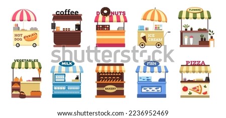 Street stall. Cartoon market stand selling fruit vegetable seafood coffee flowers, festival local farm cart with food flat style. Vector isolated set. Business counters with awning selling products