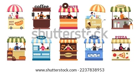 Street vendors. Farm local market food booth and stall with seller, set of fruit vegetable kiosk stands and fish trolley flat cartoon style. Vector collection. People selling flowers pizza and hot dog