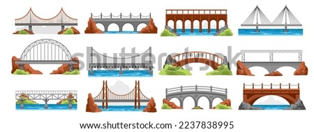 Cartoon bridge architecture. Suspension river crossing bridgework, railway road drawbridge in mountains, urban industrial construction. Vector set. Metal, wooden and stone elements